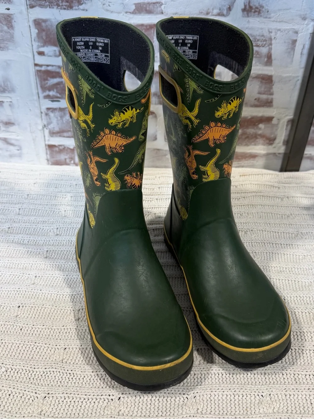 Bogs Kids Dark Green Rain Boots with Yellow and Orange Dinosaur Print